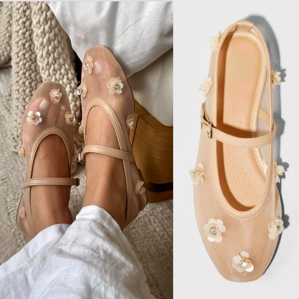 Mesh 3D flower appliqué embellished beaded ballet flats cream nude color
